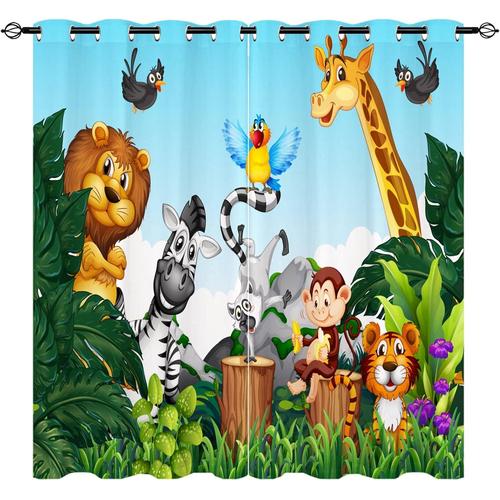 Rideaux Animaux De La Jungle ¿C Lion Sauvage Africain Pour Enfants, Zebre, Singe, Tigre, Oiseau, Loup, Motif Imprime, ?Illets, Fenetre Occultante, Chambre De Bebe, Chambre D'enfant