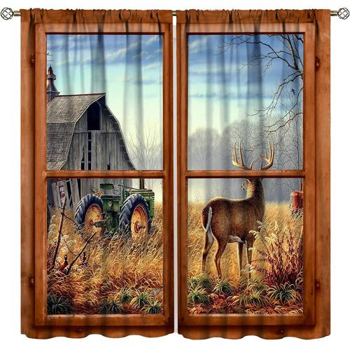 Rideaux De Cerf, Ferme Lodge Tracteur Orignal Fenetre Vintage Paysage Naturel Rideaux Chambre Salon Cuisine