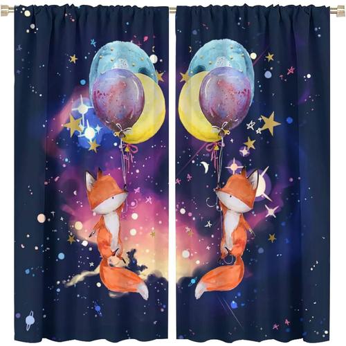 Rideaux De Renard, Dessin Anime Galaxie Foret Animaux Foret Astronaute Renard Ballon Rideaux Occultants Pour Salon Rideaux Assombrissants,