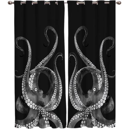 Rideaux Imprimes De Pieuvre Gris Noir, Rideaux Assombrissants Pour Decoration, Rideaux De Fenetre Occultants En Polyester A ?Illets Pour Chambre A Coucher, Salon, Cuisine