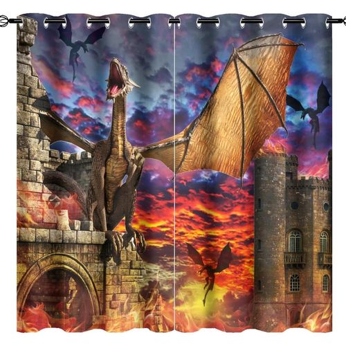 Rideau Occultant Fantaisie Dragon Vintage Ancien Chateau Du Milieu Du Siecle Faune Dragon De Feu Imprime Rideaux De Fenetre A ?Illets Decor Pour Rideaux De Chambre A Coucher Et De Salon