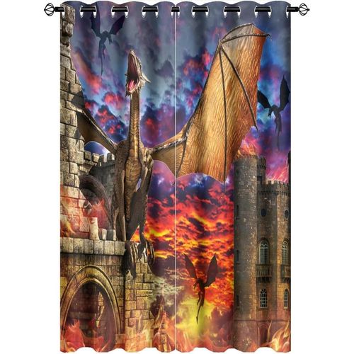 Rideaux De Dragon Fantaisie, Vintage, Chateau Ancien Du Milieu Du Siecle, Faune, Imprime Dragon De Feu, Assombrissement Pour Vivre, Rideau De Fenetre A ?Illets