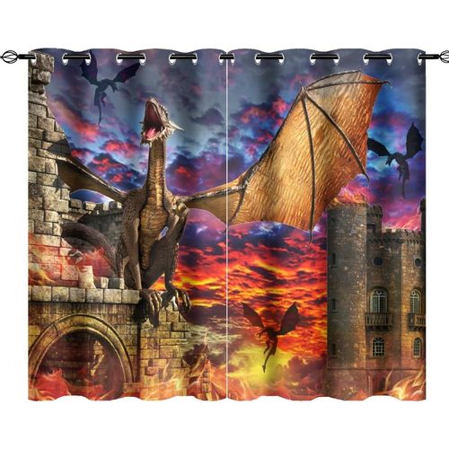 Rideaux Fantaisie Dragon Vintage, Chateau Ancien Du Milieu Du Siecle, Faune, Imprime Dragon De Feu, Rideaux Assombrissants Pour Toute La Piece, Pour La Vie, Rideau De Fenetre A ?Illets