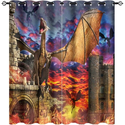 Rideaux De Dragon Fantaisie, Vintage, Chateau Ancien Du Milieu Du Siecle, Faune, Imprime Dragon De Feu, Assombrissement Pour Vivre, Rideau De Fenetre A ?Illets