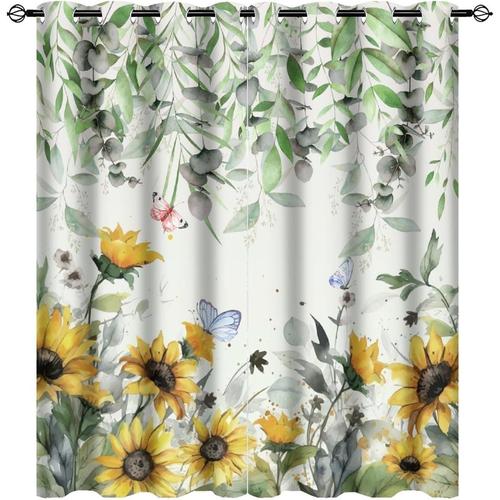 Rideaux D'eucalyptus Tournesol Pour Chambre A Coucher, Aquarelle De Printemps Jaune Floral Nature Ferme Feuilles Vertes Obscurcissement De La Piece Rideaux De Fenetre A ?Illets Pour Le Salon