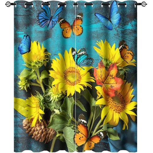 Rideaux Papillon Tournesol Pour Chambre A Coucher Et Fond De Peinture, Rideaux De Fenetre A ?Illets Assombrissants Colores Pour Chambre A Coucher, Rideaux Pour Salon