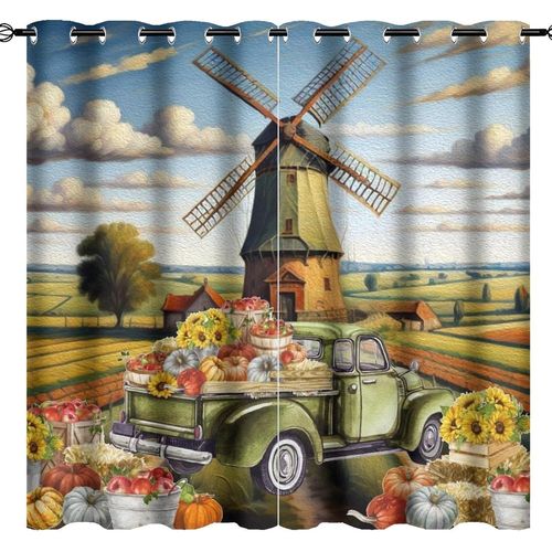 Rideaux Rustiques En Forme De Vieux Camion Pour Chambre A Coucher Et Peinture A L'huile, Pays Occidental, Recolte D'automne, Moulin A Vent, Obscurcissement De La Piece, Rideaux De Fenetre A ?Ille