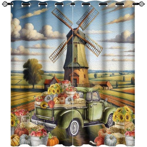 Rideau Occultant Avec Vieux Camion De Ferme Rustique Et Peinture A L'huile, Pays Occidental, Recolte D'automne, Moulin A Vent, Rideaux De Fenetre A ?Illets, Decor Pour Rideaux De Vie