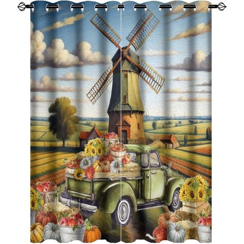 Rideau Occultant Avec Vieux Camion De Ferme Rustique Et Peinture A L'huile, Pays Occidental, Recolte D'automne, Moulin A Vent, Rideaux De Fenetre A ?Illets, Decoration Pour Chambre A Coucher Et S