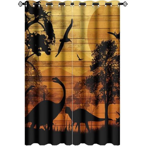 Rideau Occultant Dinosaure Vintage En Bois Animal Sauvage Dinosaure Arbre Noir Soleil Silhouette ?Illets Fenetre Rideaux Decor Pour Chambre A Coucher