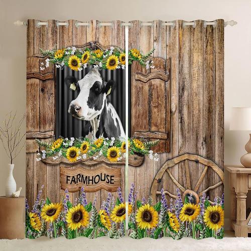 Rideaux De Fenetre En Forme De Vache, Traitements De Fenetre En Bois De Ferme Rustique, Rideaux De Fenetre Floraux De Tournesol Jaune Pour Decoration De Chambre D'enfants, Ensemble D'?Illets Pour