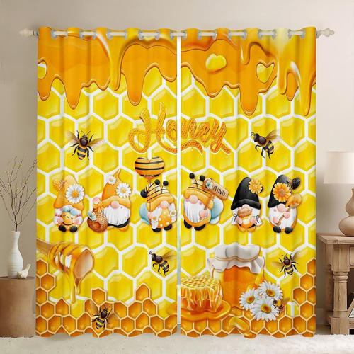 Rideaux De Fenetre En Nid D'abeille Jaune, Rideaux De Fenetre Mignons Gnomes D'abeille Pour La Decoration De La Chambre Des Enfants, Rideaux A ?Illets Geometriques Hexagonaux Pour Chambre A Couch