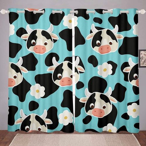 Rideaux De Fenetre De Vaches, Motif De Vache Noire Et De Fleurs, Rideaux De Fenetre Imprimes Pour Chambre A Coucher, Rideau A ?Illets Sur Le Theme Des Animaux, Ensemble De Rideaux En Tissu Microf