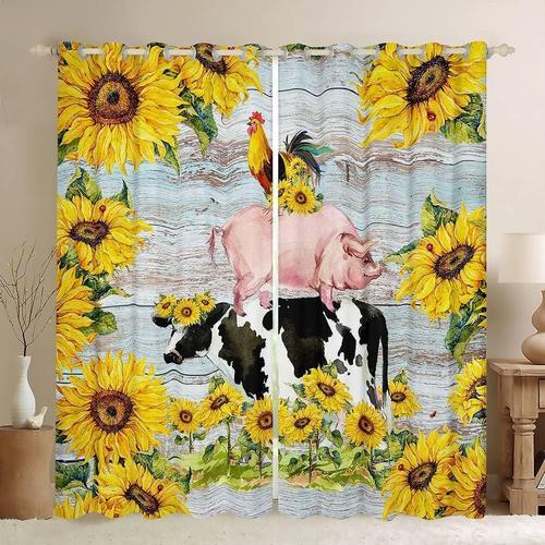 Rideaux De Fenetre Tournesol Pour Enfants, Mignons Vaches, Cochons, Poussins, Imprimes, Pour Decoration De Chambre De Filles, Rideaux A ?Illets Sur Le Theme Des Animaux De La Ferme