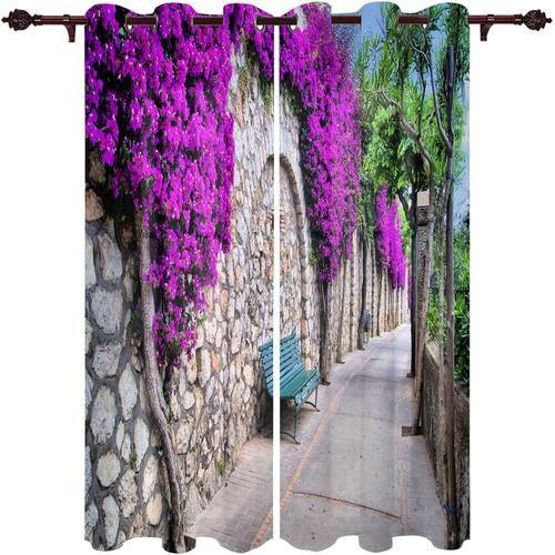 Rideaux De Plantes De Vigne A Fleurs Violettes, Rideau De Fenetre D'architecture De Rue Retro, Rideau Occultant A ?Illets Pour Cuisine Et Chambre A Coucher