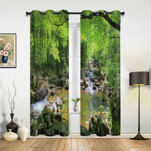 Rideaux Occultants De Paysage Naturel De Roches De Riviere De Foret Verte, Rideaux Imprimes A ?Illets Draperies Assombrissantes Super Douces Pour Salon Chambre D'enfant Cuisine