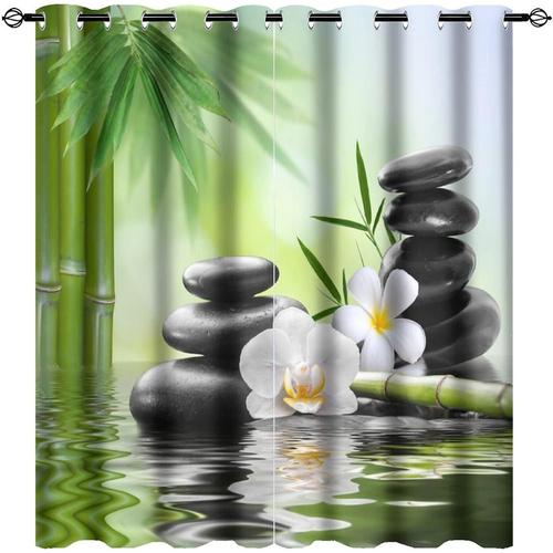 Rideaux Occultants Zen Spring Garden Pour Chambre A Coucher, Spa De Style Japonais, Pierre Noire, Fleur Blanche, Imprime Bambou Vert, Rideaux De Fenetre Assombrissants Pour Chambre A Coucher