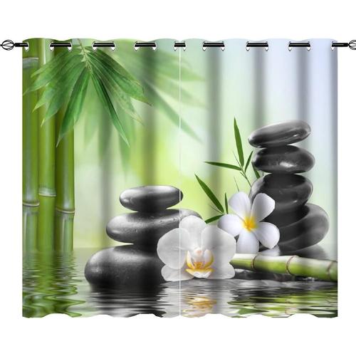 Zen Spring Garden Rideaux Occultants Ultra Doux De Qualite Superieure, Spa De Style Japonais, Pierre Noire, Fleur Blanche, Imprime Bambou Vert, Avec ?Illets Pour Chambre A Coucher