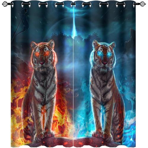 Rideaux Occultants En Forme De Tigre Cool Pour Chambre A Coucher, Foret Animee, Nuit Br?Lante, Rouge, Bleu, Tigre En Colere, ?Illets, Rideaux Assombrissants, Traitements De Fenetre