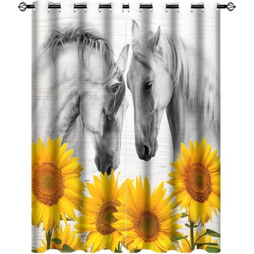 Rideaux Occultants Ultra Doux Avec Motif Cheval D'animaux Blancs, Ferme De Campagne Rustique, Cheval De Tournesol Floral Sur Dessus A ?Illets En Bois Pour Chambre A Coucher