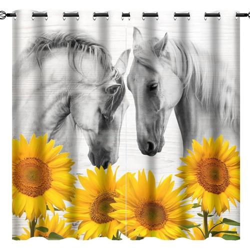 Rideaux Occultants En Forme De Cheval D'animaux Blancs Pour Chambre A Coucher, Ferme De Campagne Rustique, Cheval De Tournesol Floral Sur Bois, Rideaux Assombrissants A ?Illets, Rideaux De Fenetr