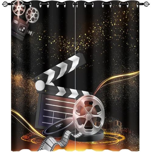Rideaux Occultants De Film De Cinema Moderne Pour Chambre A Coucher, Elements De Film De Cinema Retro, Traitements De Fenetre Assombrissants A ?Illets Imprimes Dores