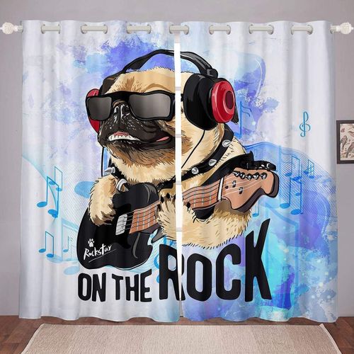 Rideaux De Fenetre Rock Roll Chien Avec Casque Jouant De La Guitare Rideaux De Fenetre Pour Salon Rideau A ?Illets Sur Le Theme De La Musique Rideaux En Tissu Microfibre