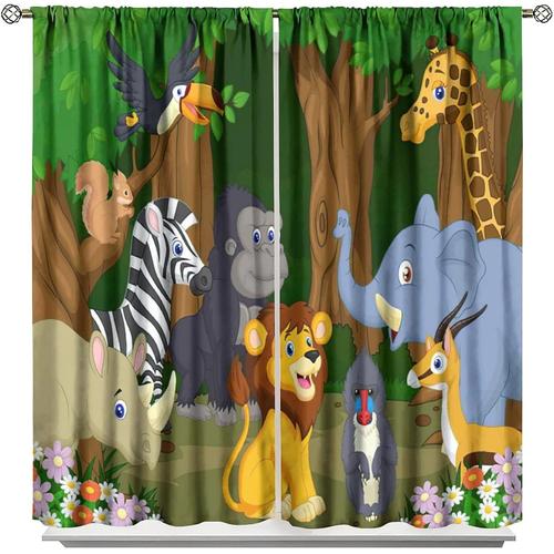 Rideaux Occultants Animaux Pour Chambre D'enfant, Chambre De Bebe, Chambre De Bebe, Passe-Tringle, Rideaux Assombrissants, Animaux De La Foret, Theme Vert De La Jungle Tropicale, Decoration De Fe