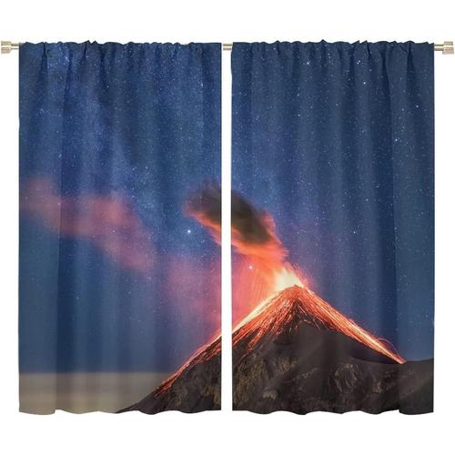 Rideaux Occultants Volcan En Explosion La Nuit, Decor De Chambre A Theme Imprime Nature Et Geologie