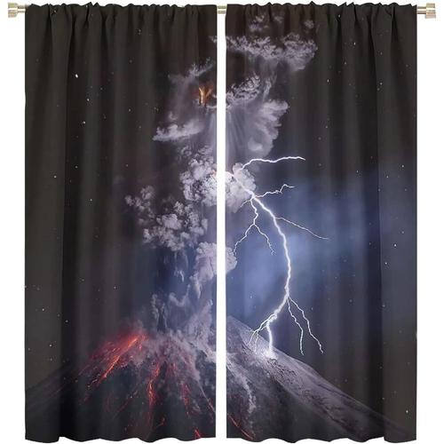 Rideaux Occultants Pour Chambre D'enfant, Volcan En Explosion La Nuit, Decor De Salle D'art Nature Et Geologie Pour Chambre D'enfant