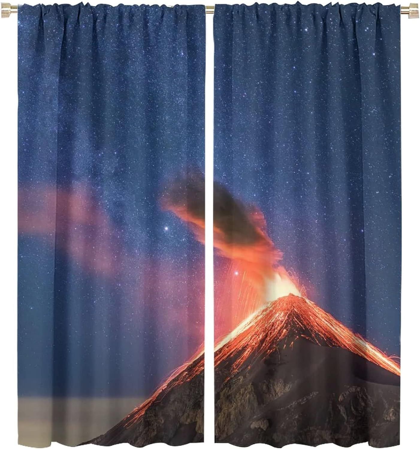 Rideaux Occultants Volcan En Explosion La Nuit, Decor De Chambre A Theme Imprime Nature Et Geologie