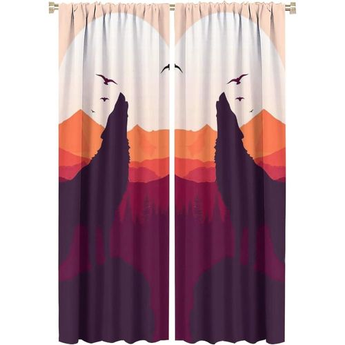 Rideaux Occultants Brumeux Montagne Foret Splash Poussiereux Sauvage Pleine Lune Loup Tige Poche Fenetre Rideau Pour Salon