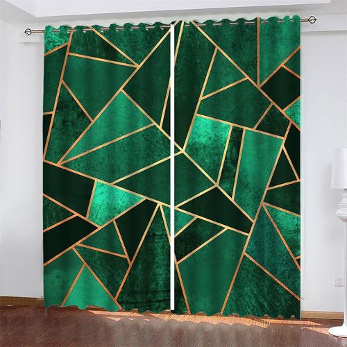 Rideaux Occultants Pour Chambre A Coucher, Rideaux Geometriques En Fibre Super Fine En Marbre Vert Fonce, Rideaux Lavables Pour Chambre D'enfant, Salon