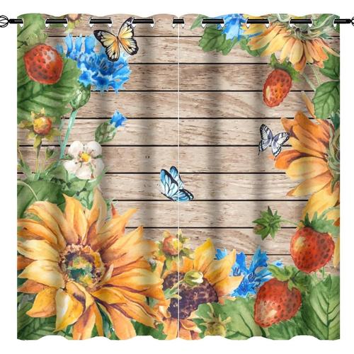 Rideaux De Tournesol Rustiques Pour Chambre A Coucher Et Porte De Grange En Bois De Tournesol, Rideaux De Fenetre Assombrissants De Piece Vintage A Fleurs Papillon