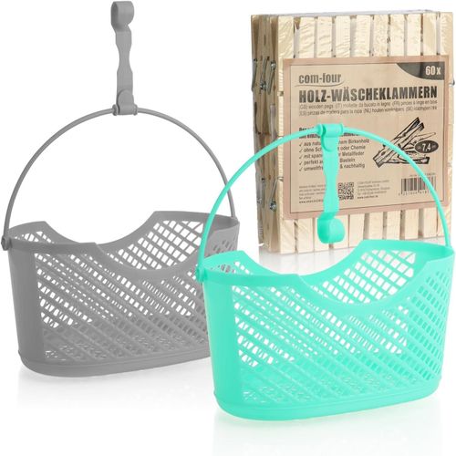 ERSHI-COM-FOUR® Ensemble de Rangement pour Pinces à Linge 62 pièces - Support à Linge avec Panier - 60 Pinces en Bois, 2 paniers -[6
