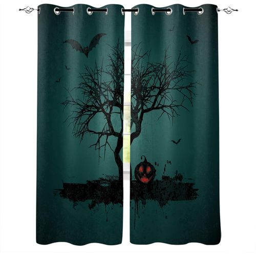 Rideaux Pour Salon Chambre A Coucher, Halloween Citrouille Chauve-Souris Vert Nuit Fonce, Occultant, Rideau De Porte Et Fenetre Assombrissant