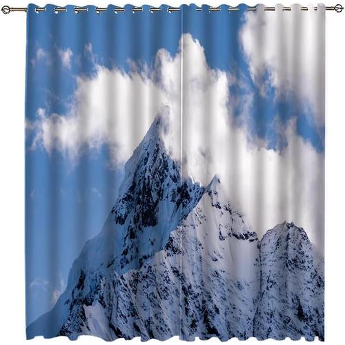 Rideaux Occultants Chambre Et Salon, Rideaux A Oeillets De Paysage De Montagne De Neige De Nuages Blancs De Ciel Bleu, Rideau Anti-Decoloration En Polyester