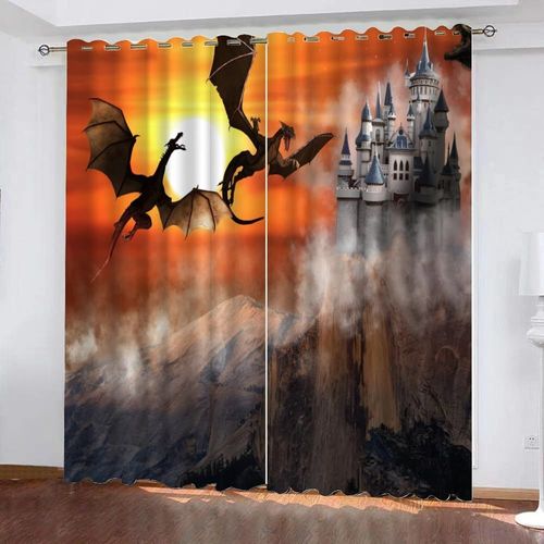 Rideaux Occultants Rideaux En Fibres Superfines Douces, Rideaux Lavables Ancienne Wyverne Et Chateau, Pour La Decoration Du Salon De La Chambre Des Enfants