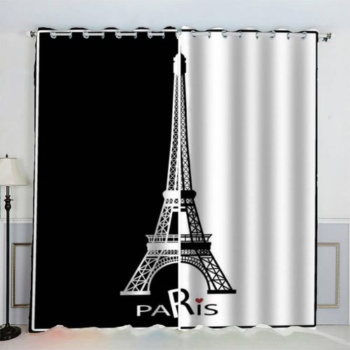Rideau De Fenetre Occultant Decor A La Maison 2 Panneaux, Rideau Anti-Decoloration En Polyester Tour Eiffel Noir Et Blanc De Dessin Anime Pour Salle De Jeux De Chambre A Coucher