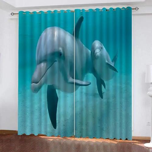 Rideaux Occultants A ?Illets Sur Le Theme Des Animaux De Dauphin, Motif De Rideaux Assombrissants En Polyester Lavables Pour Le Salon, La Chambre A Coucher Et La Cuisine