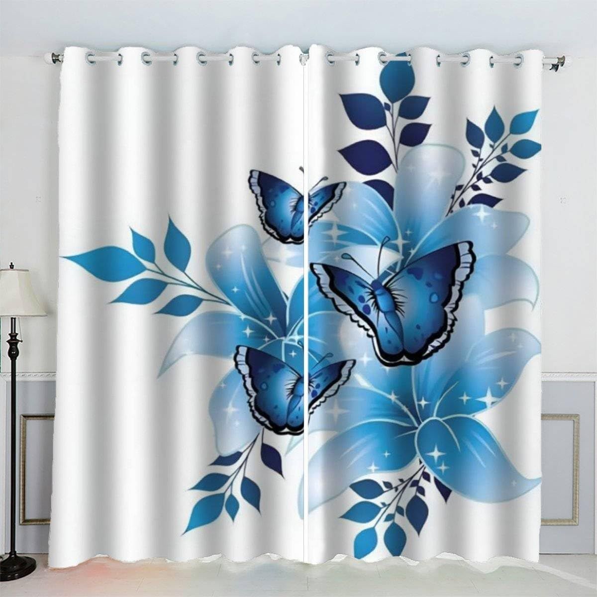 Rideaux Occultants Doux Pour Chambre A Coucher, Rideaux De Fenetre En Polyester Lavables A Fleurs De Papillon Bleu 2 Panneaux,