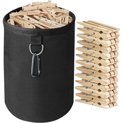 ERSHI-Sac à Pinces à Linge à Suspendre, Sac à Pinces à Linge pour Corde à Linge avec 60 Pinces à Linge en Bois Solides, Grand Sac [1
