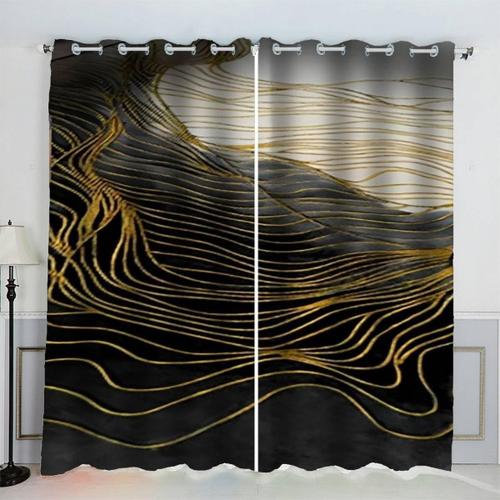 Rideaux Occultants Doux Pour Chambre A Coucher, Rideaux De Fenetre En Polyester Lavables A Courbe Or Noir 2 Panneaux