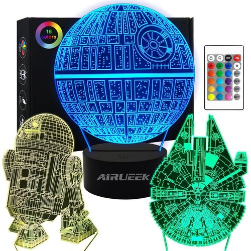 Ershi-Lampe 3d Star Wars, 3 Motifs, 1 Socle, 1 Télécommande, Motif Star Wars R2-D2, Étoile De La Mort, Faucon Millenium, Avec Télé[2