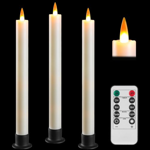 Ershi-Bougie Led Avec Télécommande Et Minuterie, Bougie À Piles, Mèche Dynamique 3d, Set De 3, Ivoire Avec 3 Bases Noires Pour Mai[2