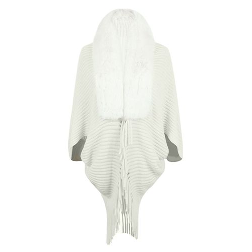 Châle De Pull Avec Col En Fausse Fourrure Pour Femmes, Ourlet À Pampilles, Couleur Unie, Châle Tricoté Chaud, Vêtements Quotidiens Pour L'extérieur Et La Maison-Beige