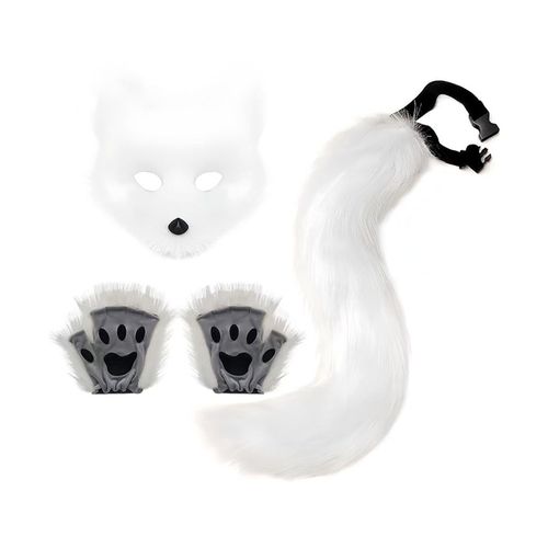 1 Ensemble De Masques De Mitaines En Fausse Queue De Renard Pour Cosplay, Peluche Douce Et Pelucheuse, Tour De Taille Réglable, Antidérapant, Performance Club De Danse, Costumes Paty, Accessoire Queue Artificielle-Blanc