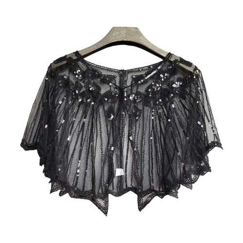 Cape En Dentelle Crochet Pour Femmes, Maille Assortie Avec Tout, Paillettes Perlées, Robe À Clapet, Châle Pour Fête, Été-Noir