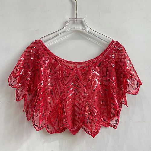 Châle De Fête À Paillettes Pour Femmes, Manteau Court Et Fin D'été, Col En V, Transparent, En Forme De Feuille De Gaze, Capelet Perlé Brodé, Cape Scintillante-Rouge