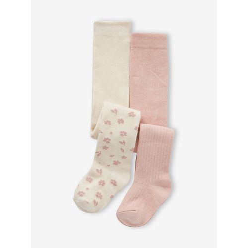 Lot De 2 Paires De Collants Bébé Fille À Fleurs Et En Côtes Écru